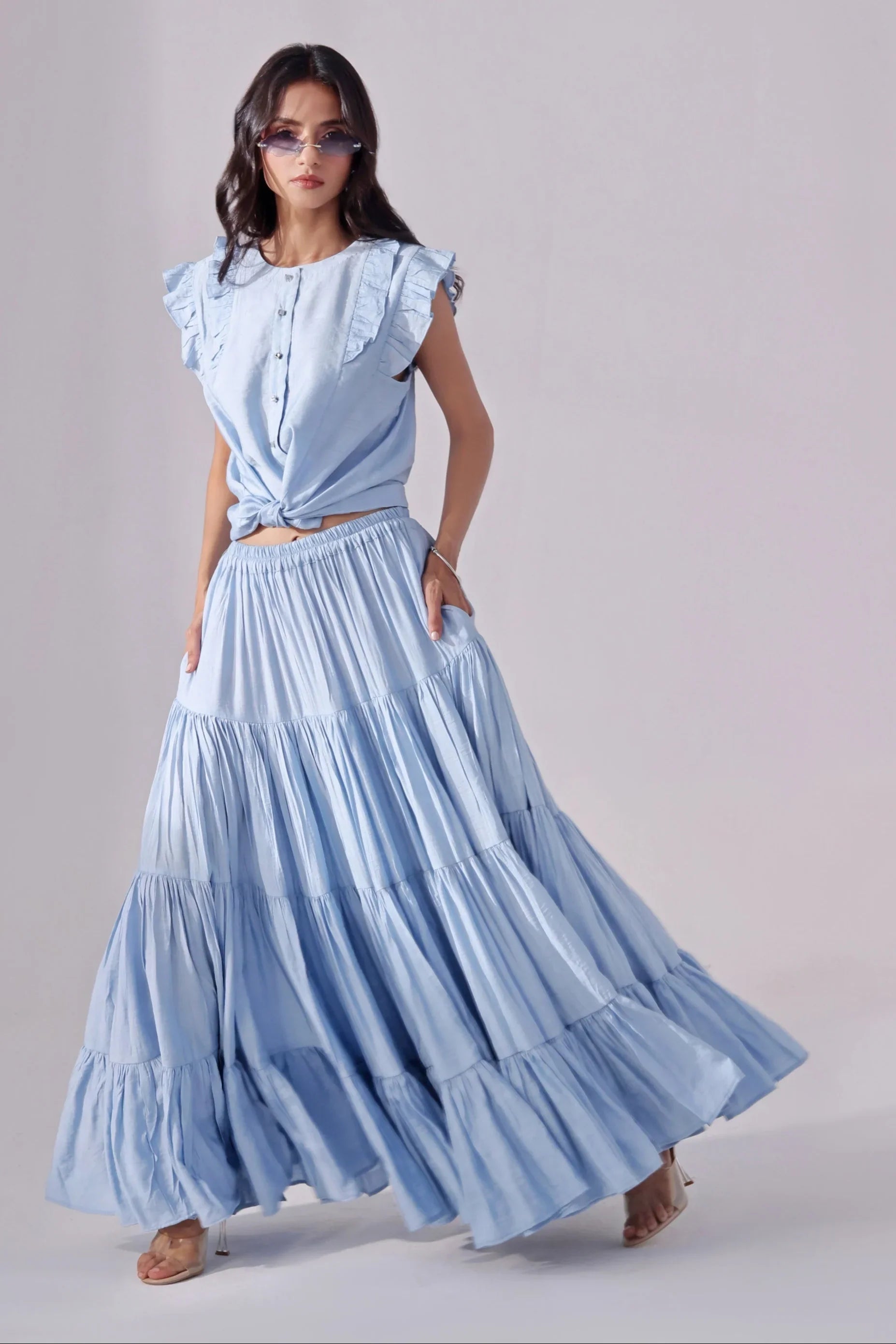 Sky Tiered Skirt & Chic Crop Top Set