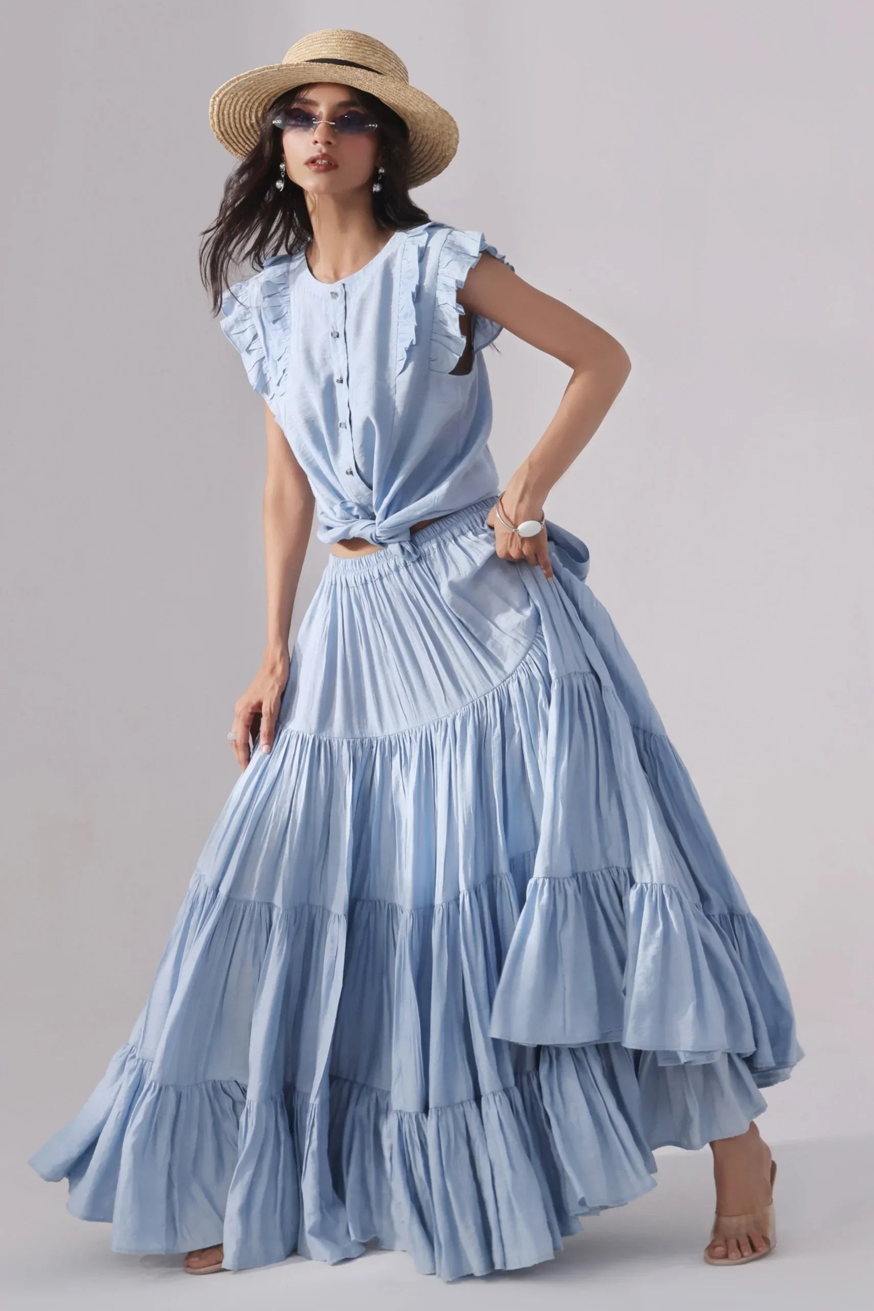 Sky Tiered Skirt & Chic Crop Top Set