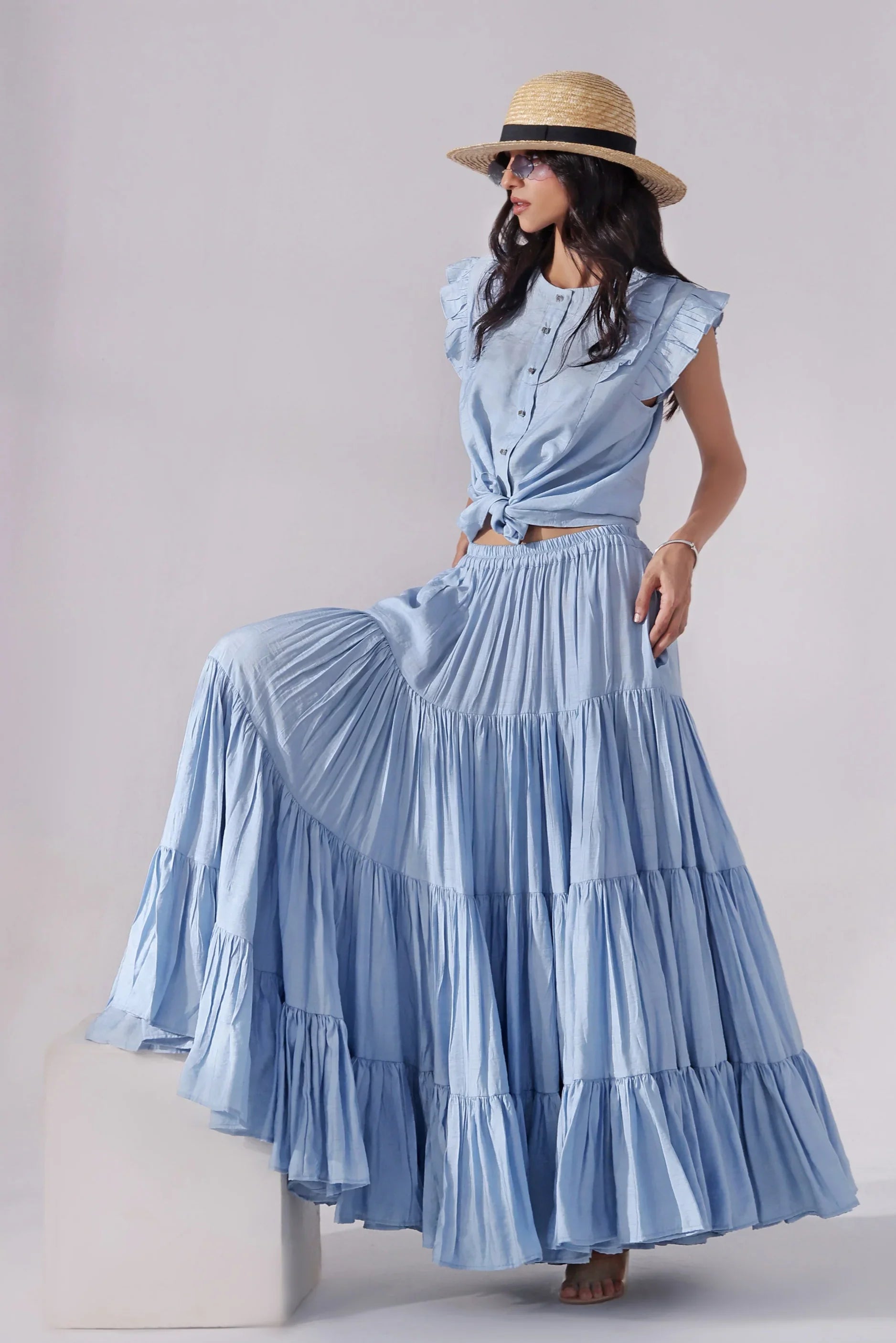 Sky Tiered Skirt & Chic Crop Top Set