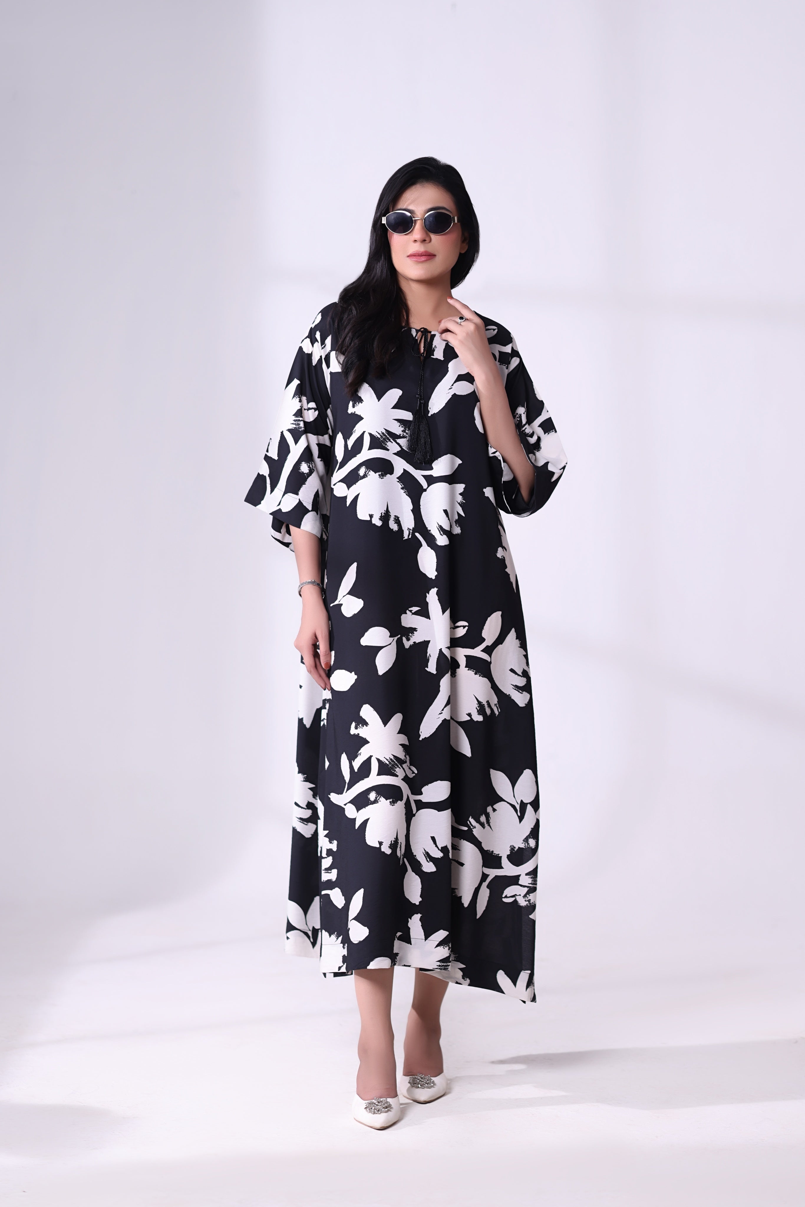 Black & White Floral Kaftan Dress