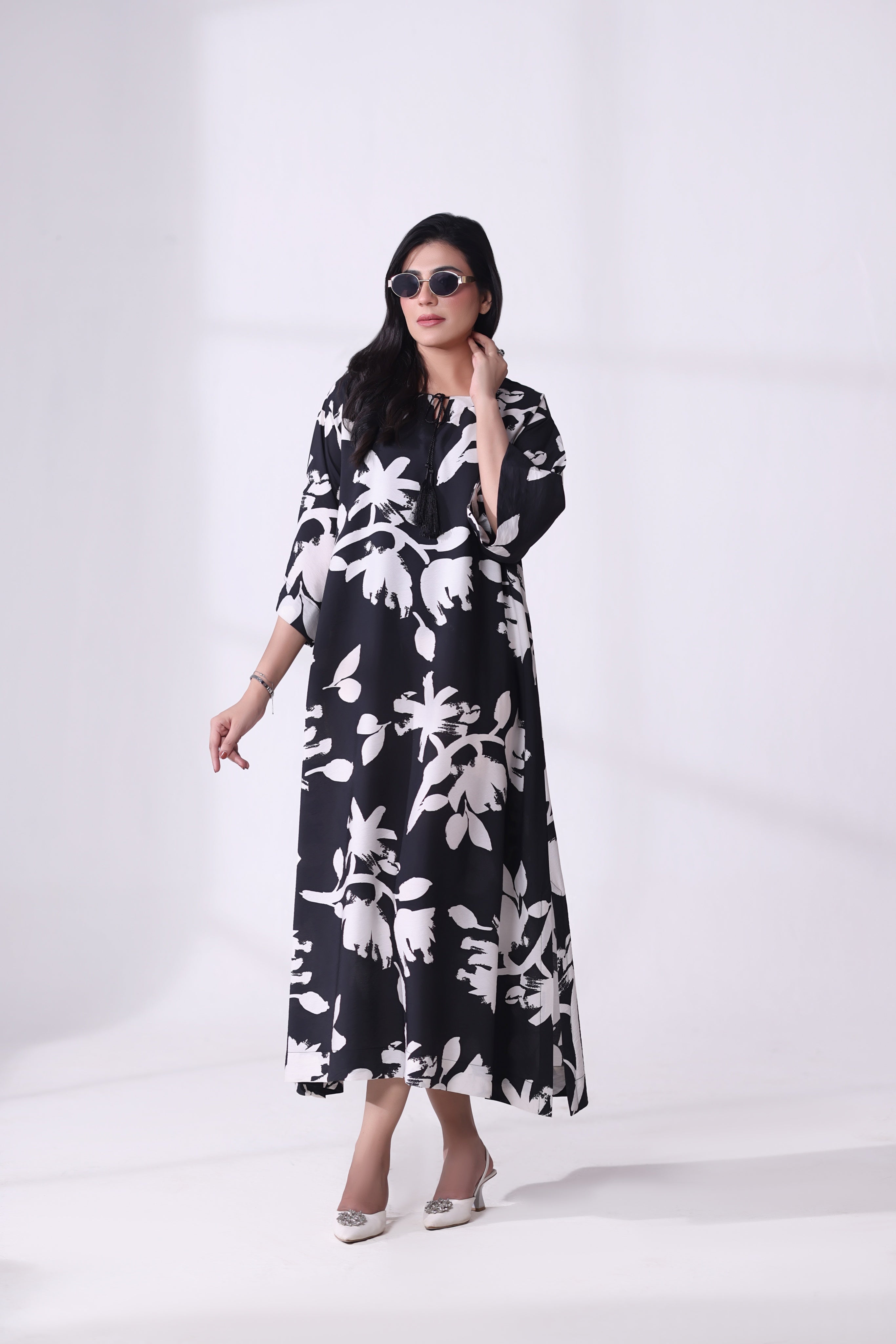 Black & White Floral Kaftan Dress