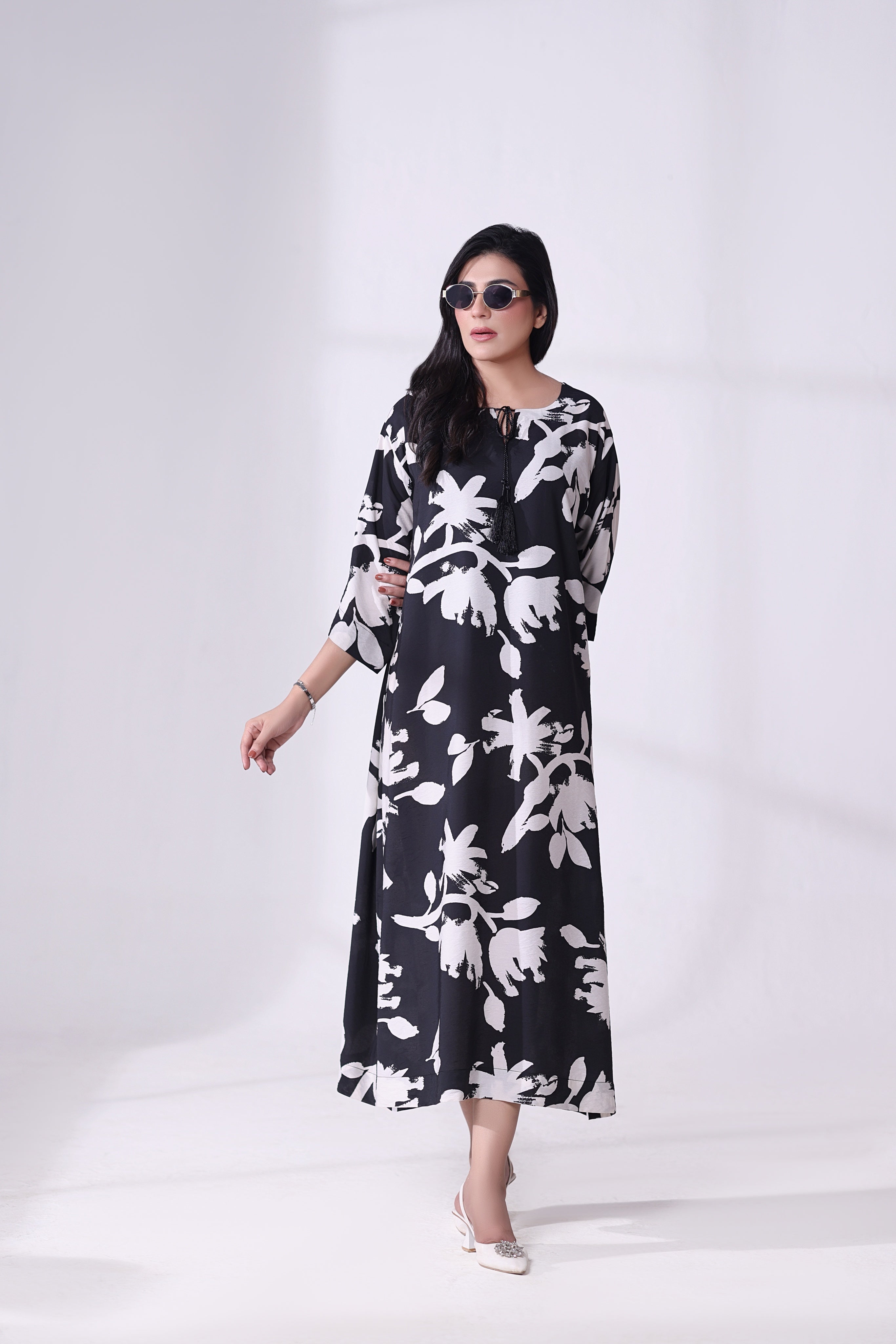 Black & White Floral Kaftan Dress
