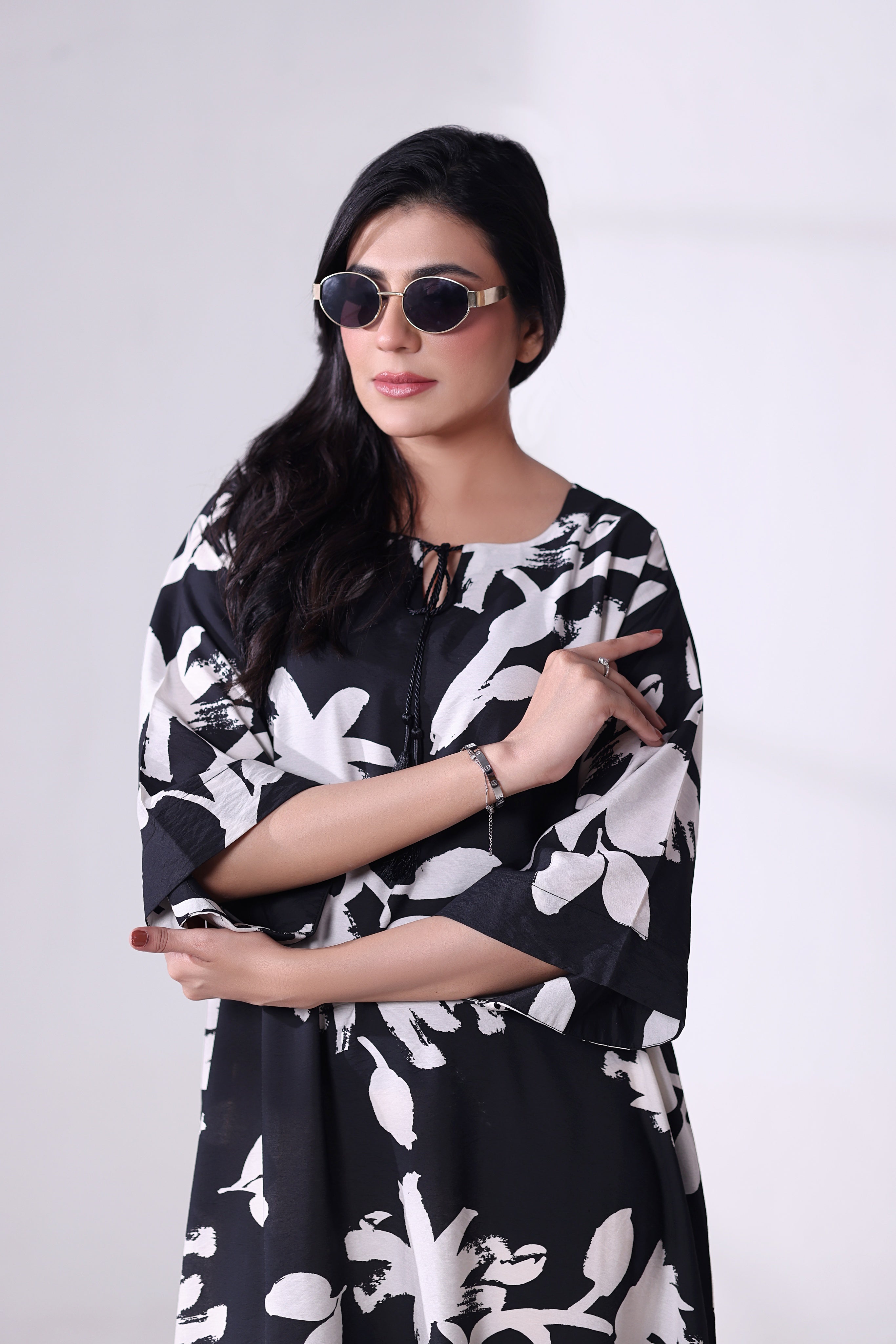 Black & White Floral Kaftan Dress
