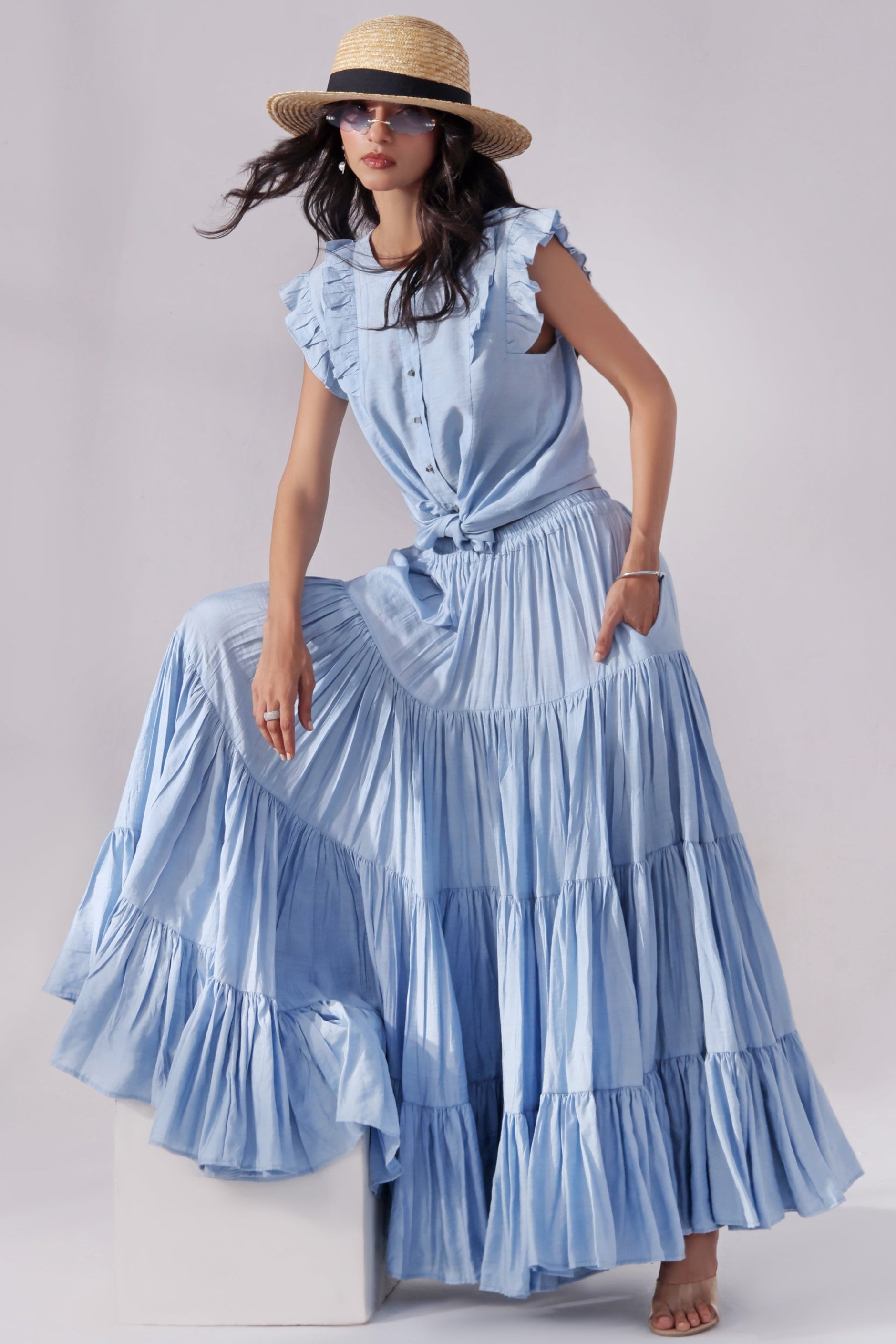 Sky Tiered Skirt & Chic Crop Top Set