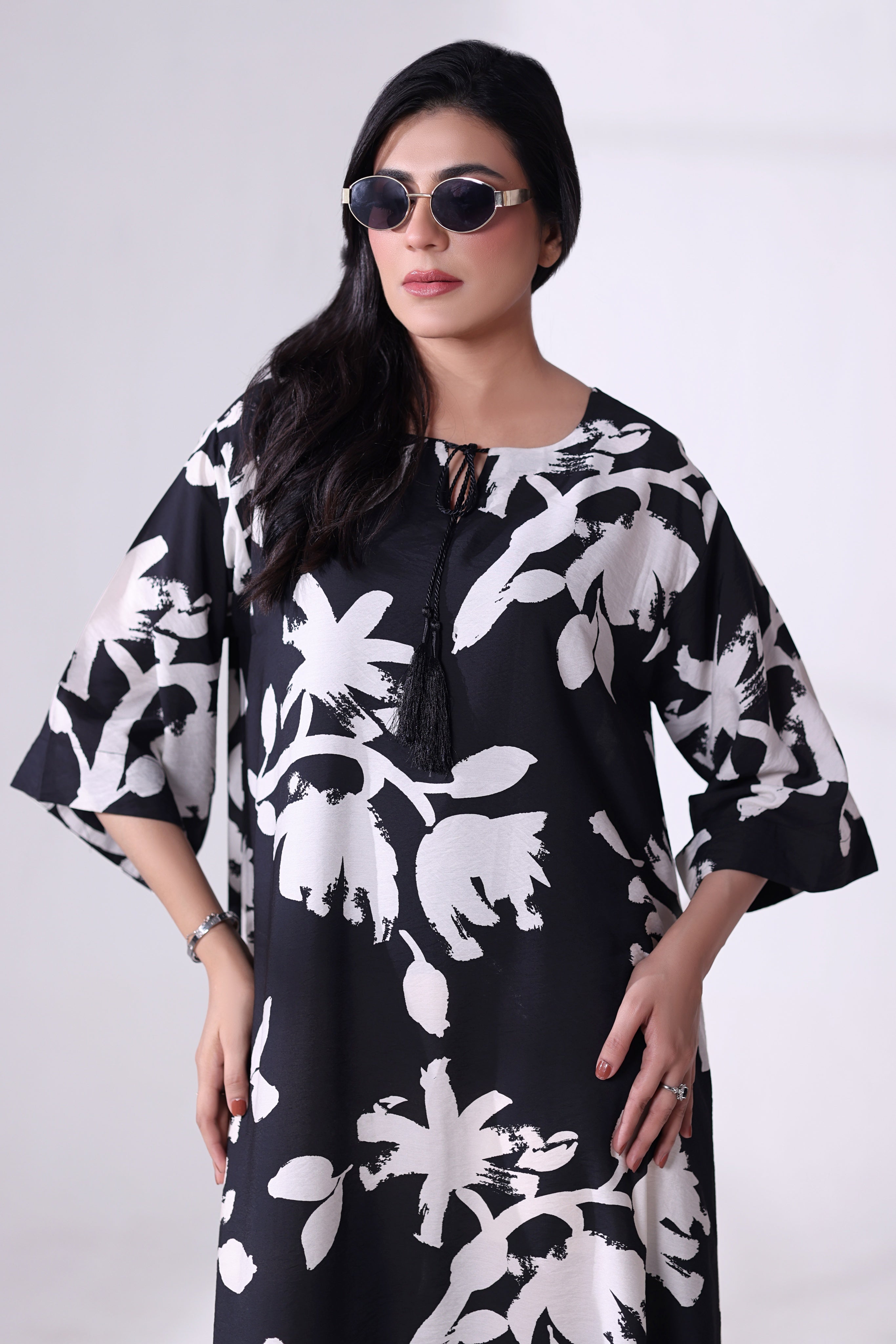Black & White Floral Kaftan Dress